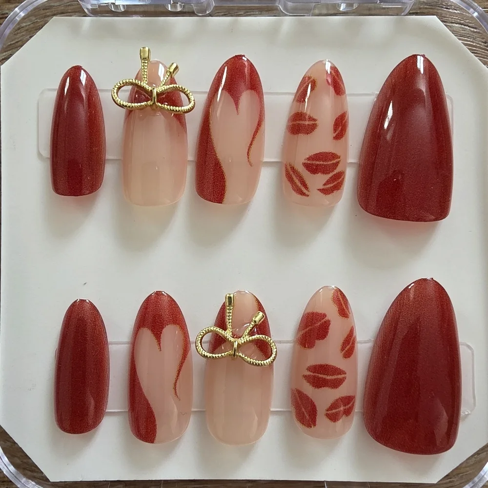Red & Nude Cat Eye Press-On Nails | 3D Gold Bow Accents | Size Medium